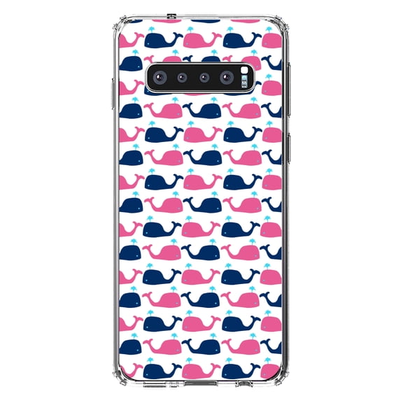 DistinctInk Clear Shockproof Hybrid Case for Samsung Galaxy S10 (6.1" Screen) - TPU Bumper, Acrylic Back, Tempered Glass Screen Protector - Pink Navy Cartoon Whales - Cartoon Whales
