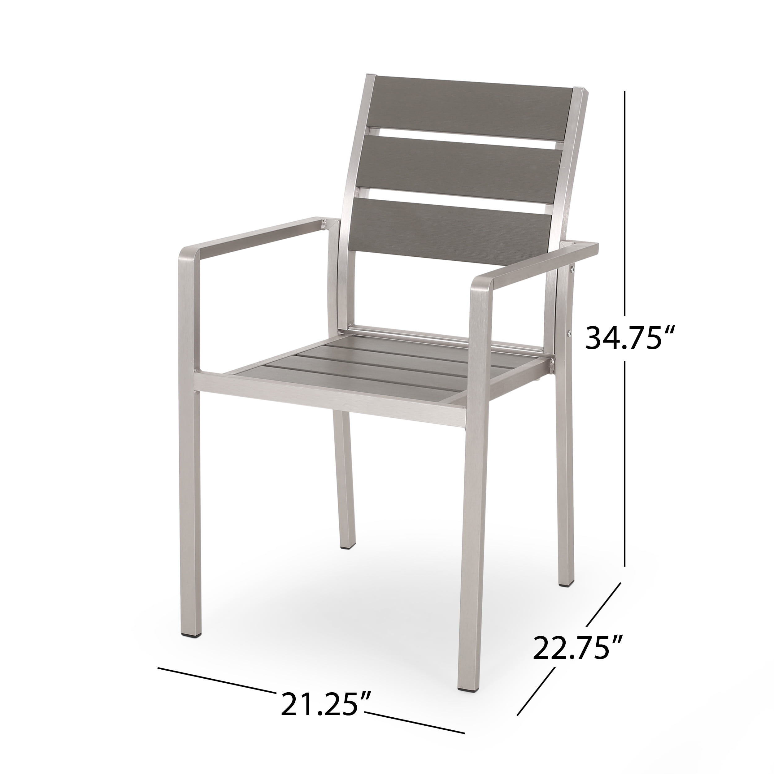 Gannon Outdoor Modern Aluminum Dining Chair with Faux Wood Seat, Set of 2, Gray and Silver
