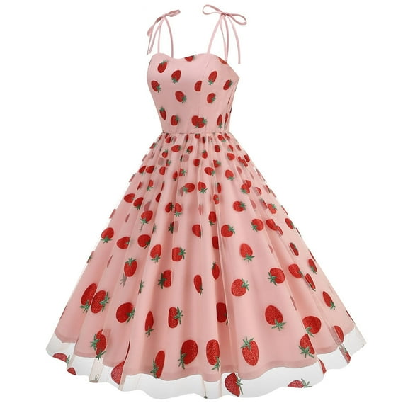 Ayolanni Knee-Length Womens Summer Dresses Pink V-Neck Ball Gown Strawberry Sleeveless Dresses Teen Girl Dresses L