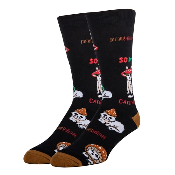 Oooh Yeah Mens Funny Novelty Cotton Crew Socks, Crazy Fun Silly Dress Socks, Cattitude, Size 8-13