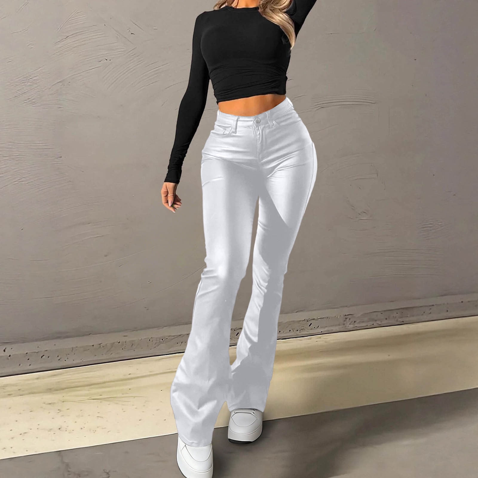 2026 Women Faux Leather Pants PU High Waist Straight Leg Pant with Pockets Fashion Flare Pants Trendy Streetwear