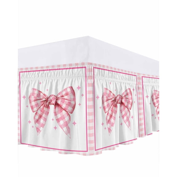 Pink Plaid Bow Bed Skirt Queen Size 16 Inch Drop, Mother's Day Valentine's Day Pink Ribbon Adjustable Elastic Dust Ruffles Bedskirt for Queen Bed Wrap Around Pleated Mattress Frame Cover