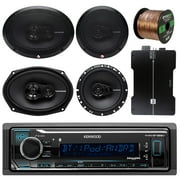 Kenwood KMMBT322U Bluetooth AM/FM Radio Car Receiver Bundle Combo W/ 2x Rockford Fosgate 6.5" 180 Watt 3-Way Full-Range Coaxial Speaker + 2x 6x9" Audio Speaker + 50Ft 16g Speaker Wire (With Amplifier)