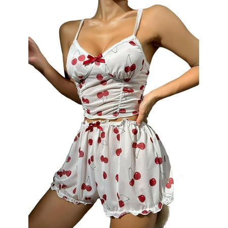 

Women s Pajama Sets Red and White Cute Fruit&Vegetable Spaghetti Strap Short Sets Sleeveless