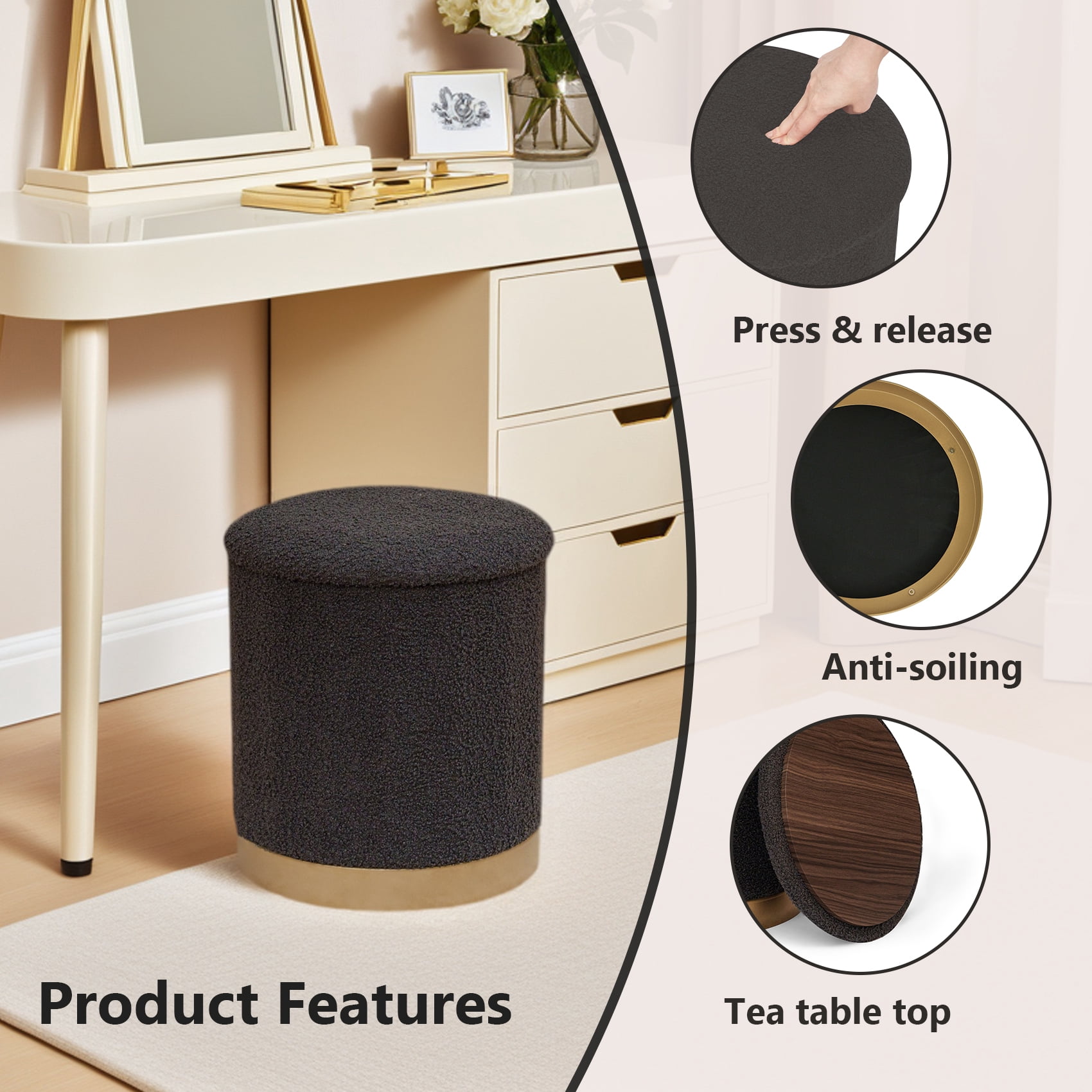 PINPLUS Round Storage Ottoman with Tray Gold Edge Stool Leg Folding Foot Rest for Living Room Dark Grey,Sherpa Fabric