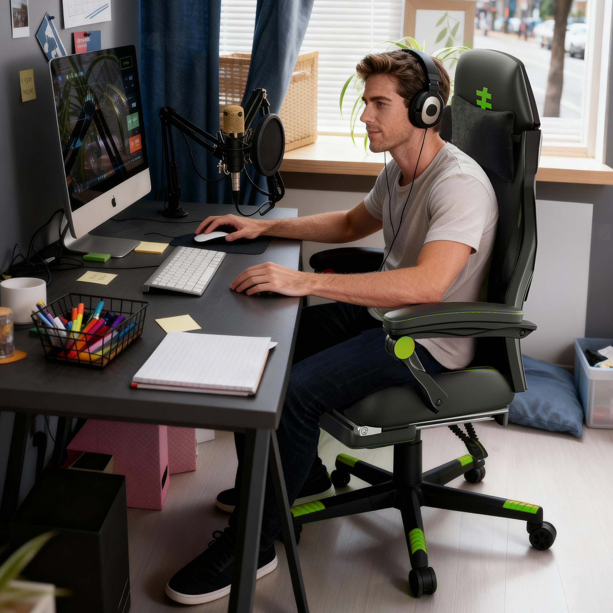 Seenda Massage Gaming Chair, Computer Chair with Mesh Back, Ergonomic Office Chair with Footrest, Reclining Game Chair with Adjustable Headrest and Lumbar Support for Gaming and Office
