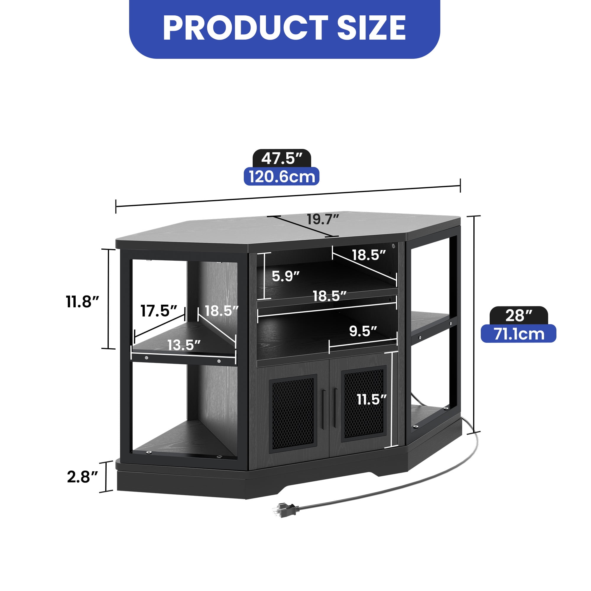 Wooflex Black Entertainment Center, 55" TV, Modern Farmhouse, Adjustable Shelves, Freestanding