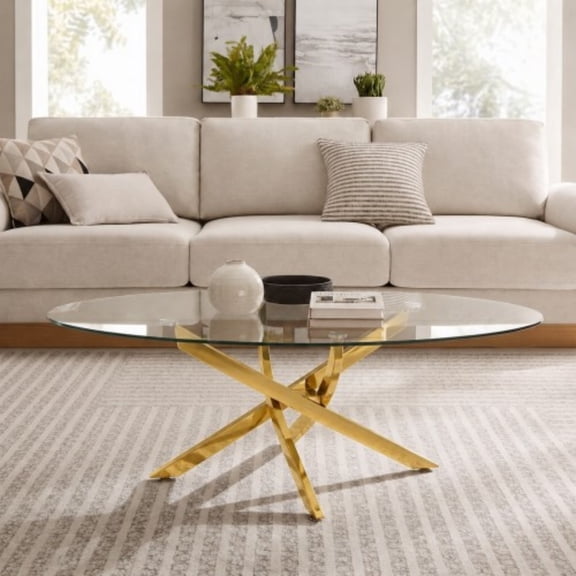 Oval Coffee Table, 39.37" Tempered Glass Top with Gold Cross Legs, Modern Side Table, Tea Table for Living Room, Apartment, Cafe