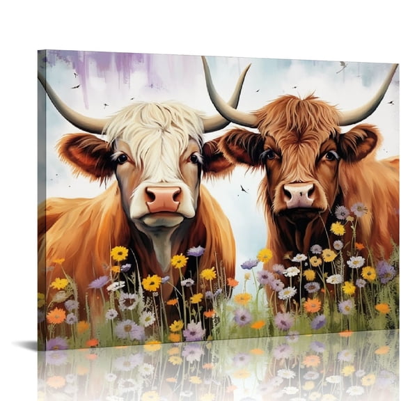JRXY Highland Cow Wall Art Rustic Farmhouse Floral Pictures Canvas Print Western Country Cattle Painting Watercolor Animal Wildflower Artwork Kitchen Living Room Decor 20x16in