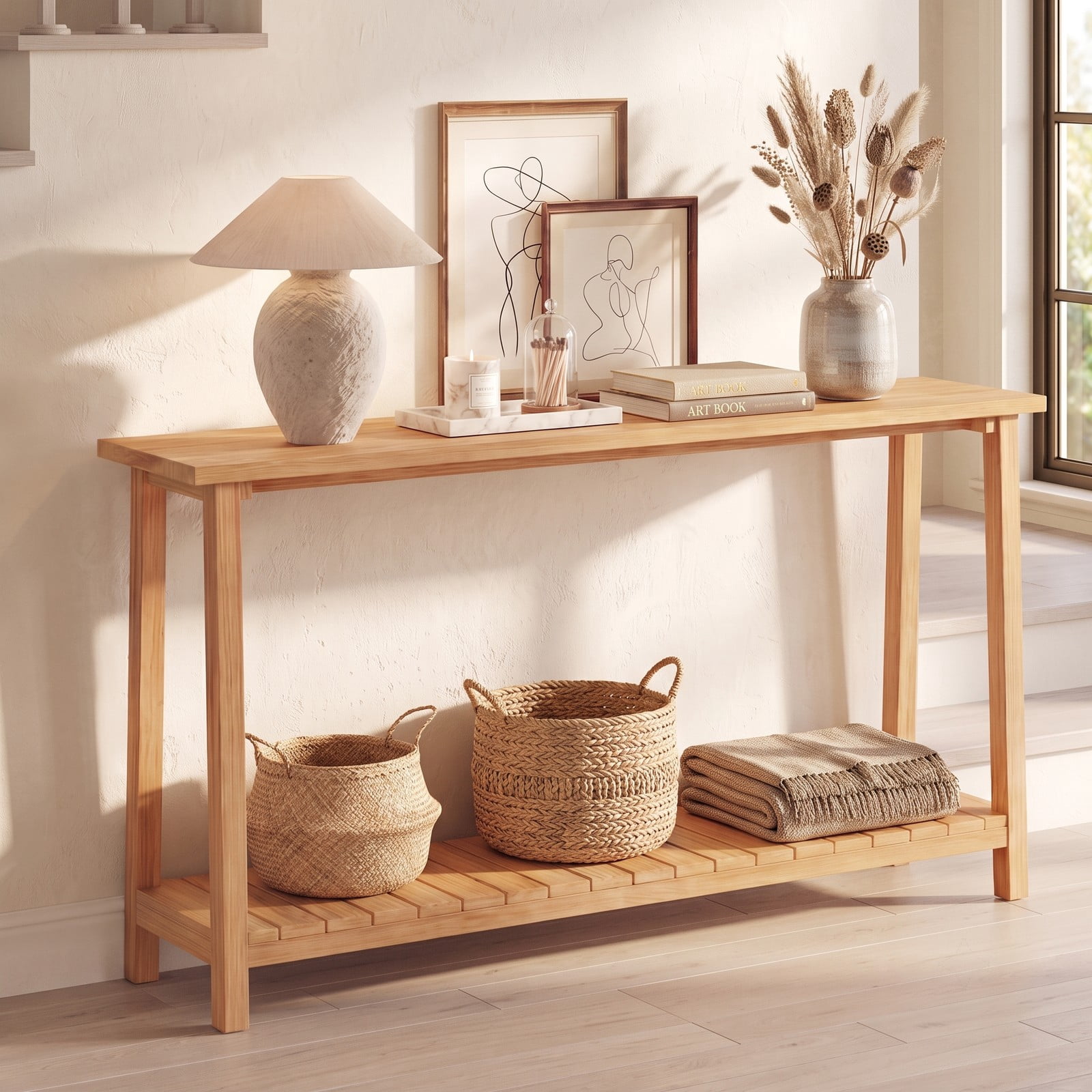 Furnibear 2-Tier Farmhouse Sofa Table with Solid Teak Wood Frame and Open Storage Shelf for Living Room and Entryway, Natural