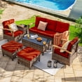 thumbnail image 2 of MEISSALIVVE 7 Pieces Patio Furniture Sets,Wicker Patio Conversation Sets with 2 Wood Armrests Swivel Glide Chairs, 2 Ottoman, 3-seat Sofa and Coffee Table (Red), 2 of 11
