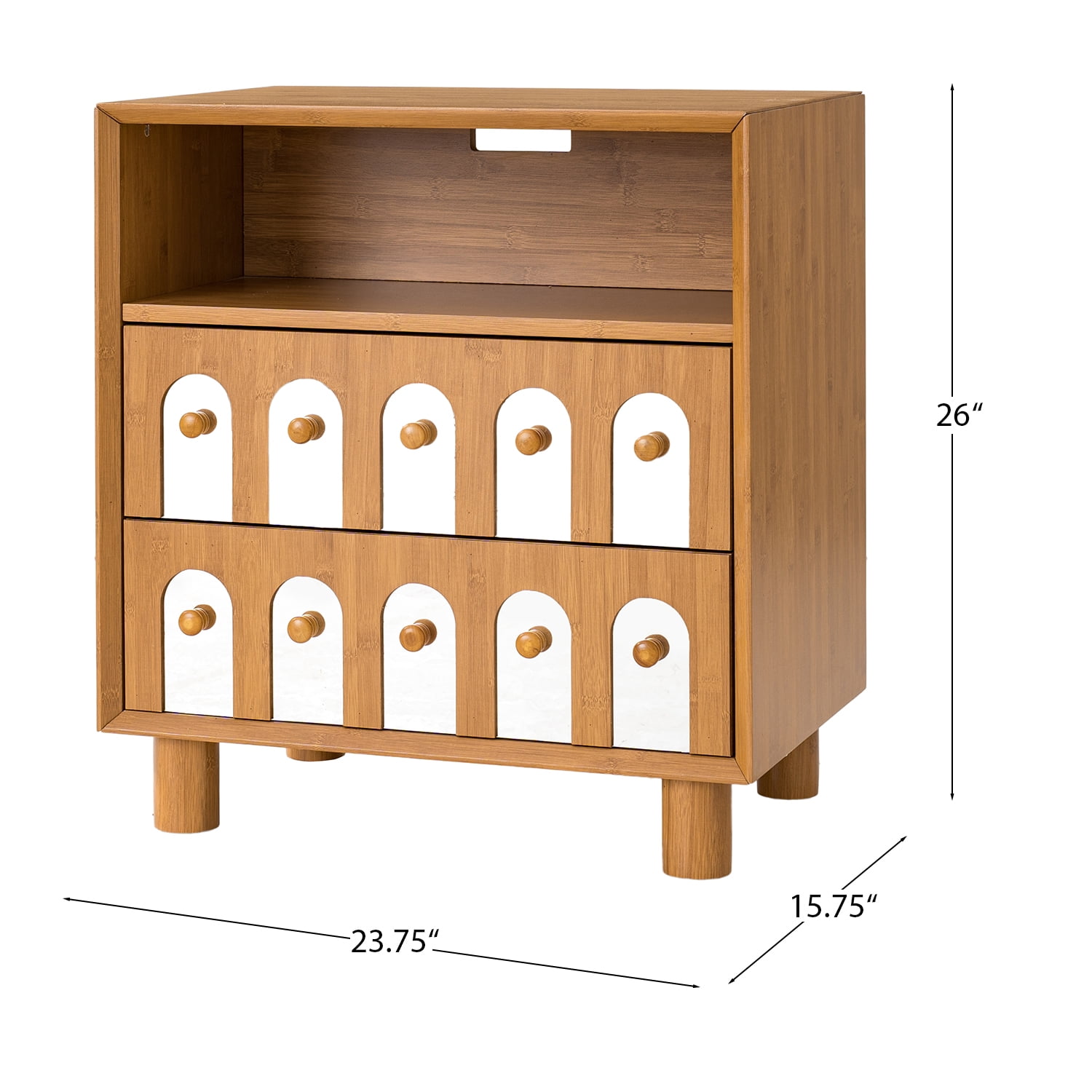 Nightstand with Charging Station&nbsp;featuring 2 Drawers with Decorative Mirror Fronts, Built-in 2 USB and 2 AC Outlets for Bedside Convenience, Solid MDF Construction in Natural Finish