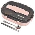 thumbnail image 1 of Divider Lunch Box, Reusable Bento Box Removable Tray Keep Warm Function Box Stainless Steel 3 Compartments Lunchbox Portable for School Work Car Office Send Chopsticks and Spoon pink, 1 of 5