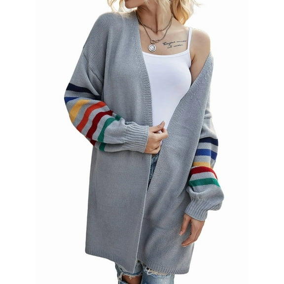 Women'S Long Open Front Cardigan Striped Color Block Loose Knit Sweaters Outwear Coat Grey S