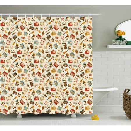 Vintage Shower Curtain, Retro Pattern Old Fashioned Icons Alarm Clock Typewriter Gramophone Radio Cassette, Fabric Bathroom Set with Hooks, 69W X 75L Inches Long, Multicolor, by