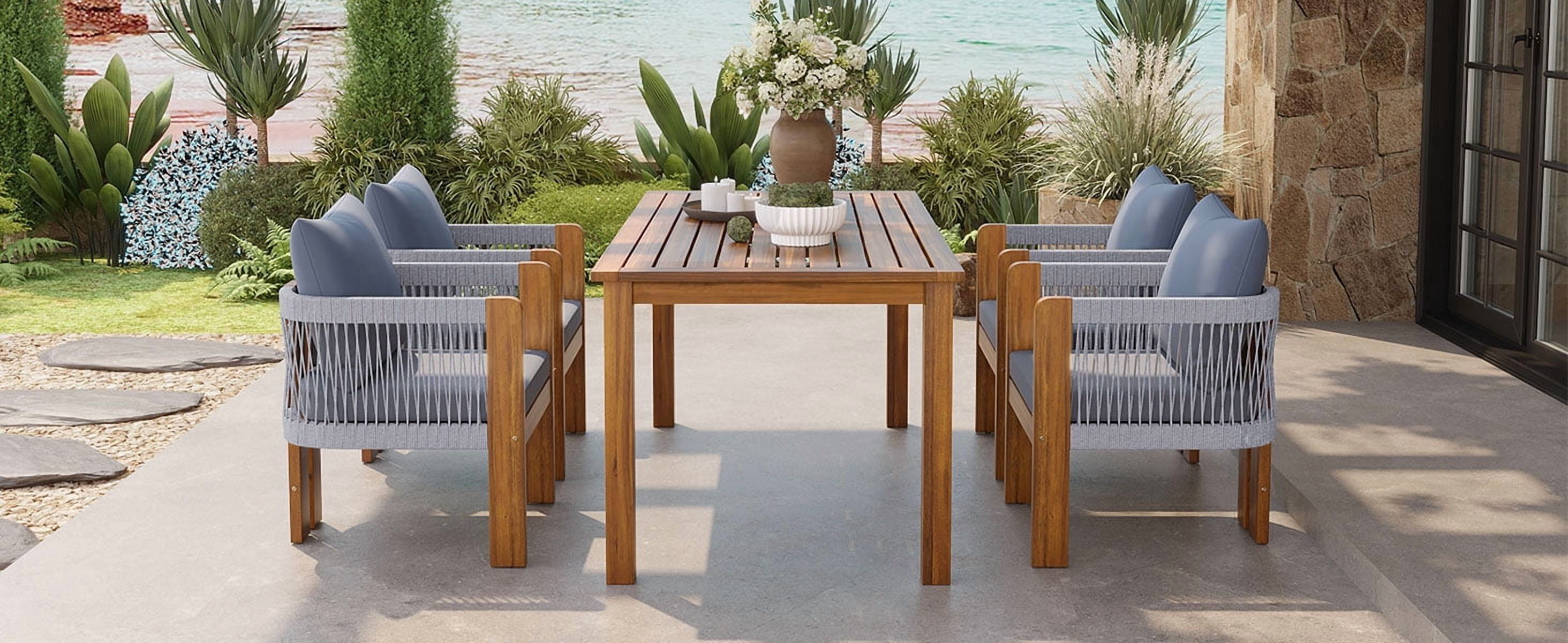 Mintazer 63" 5-Piece Outdoor Dining Set with Rope Woven High Back Chairs & Cushions, Farmhouse Dining Furniture Set for Garden Backyard Poolside, Brown & Gray