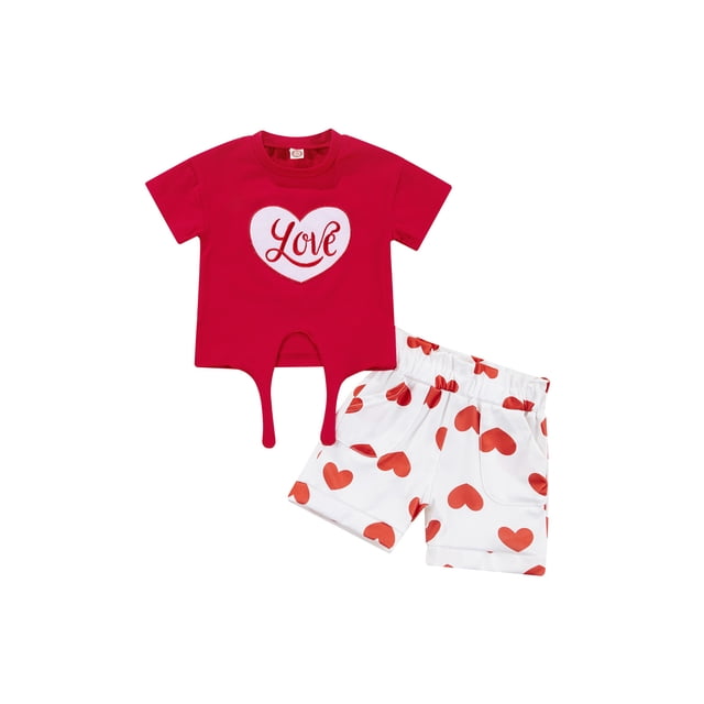 goowrom Ensemble Deux Pièces pour Fille, Motif Brodé de Lettres Manches Courtes Col Rond + Shorts Imprimé Cœur