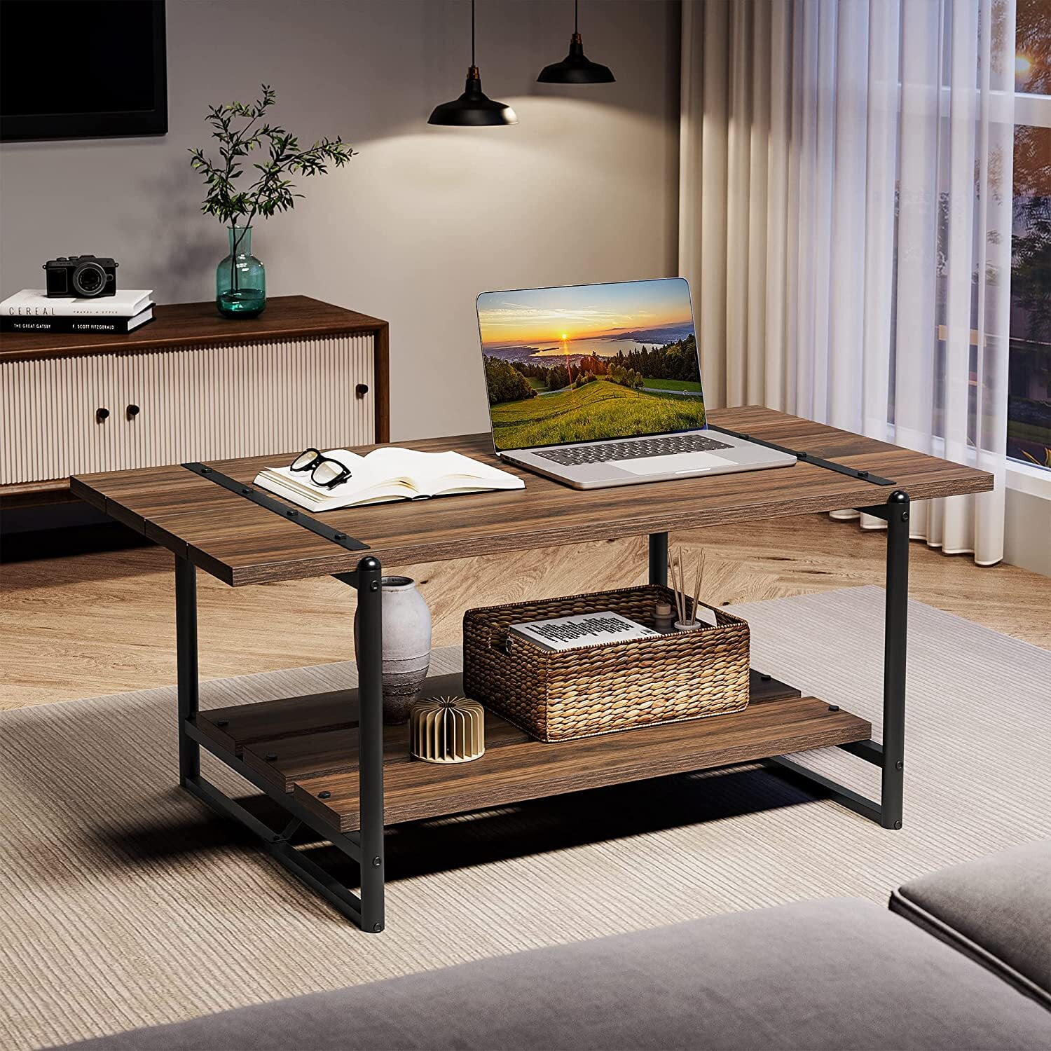 Yartaka 2Tier Industrial Coffee Table with Storage Shelf for Small Apartment Living Room