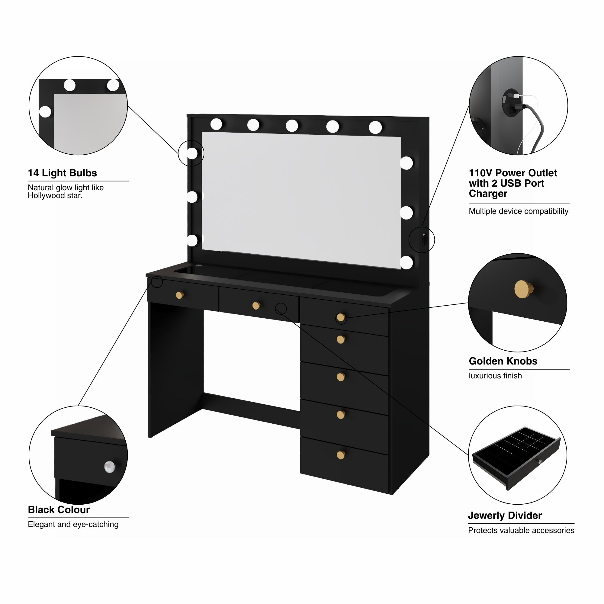 Ember Interiors Nadia Makeup Vanity with Lights, 7 Drawers, Power Outlet, Gold Knobs, Black