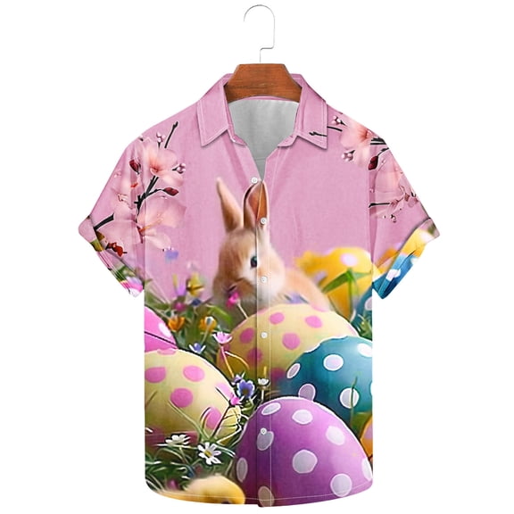 Yaoyar Men's Easter Holiday Print Short Sleeve Button Down Lapel Shirt,Spring Summer Style Breathable Tee Seaside Beach Shirt