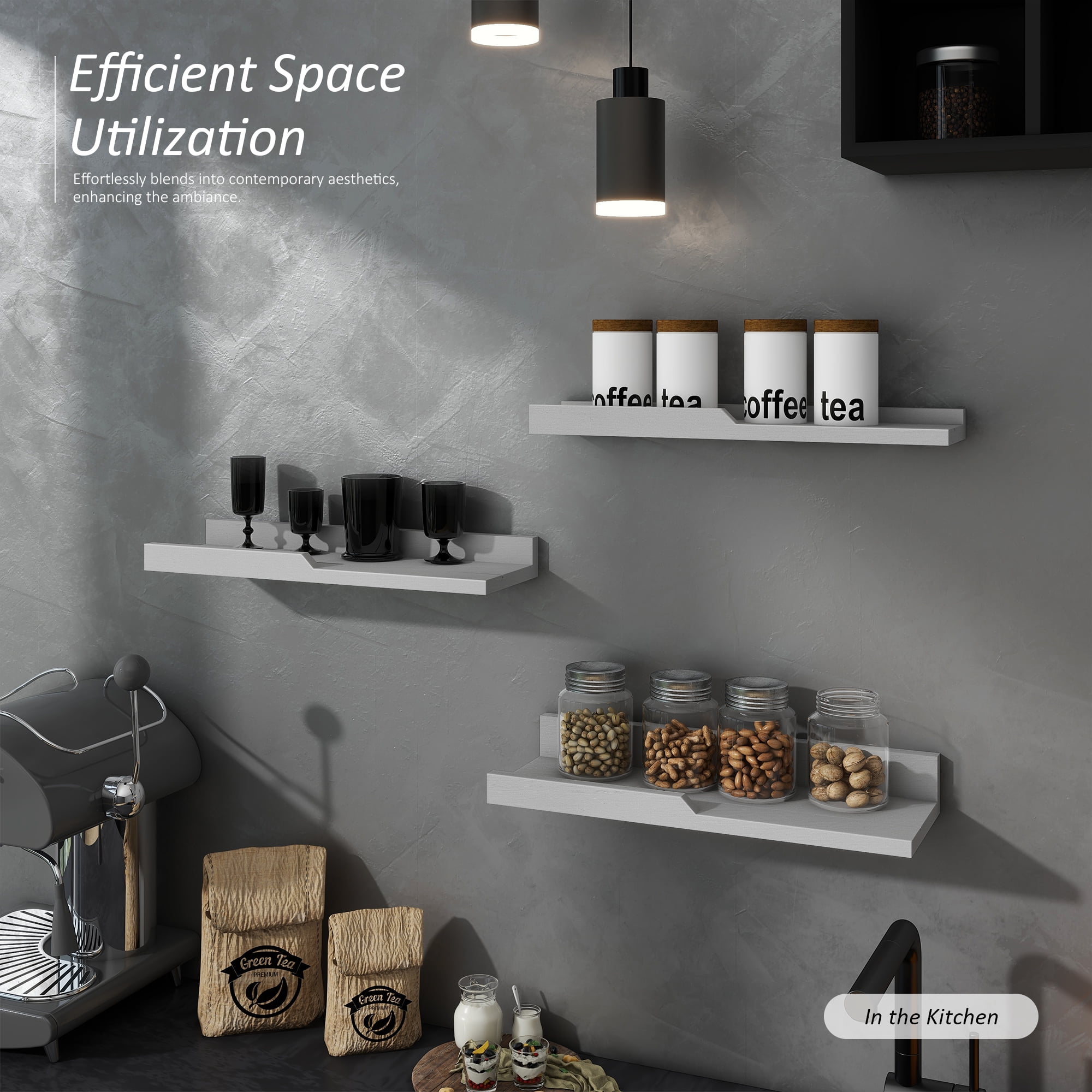 Rebee Vision Modern Floating Shelves for Wall : Farmhouse Bathroom Shelves Wall Mounted Set of 3 for Home Storage and Small Shelf for Display Aesthetic - Rustic Apartment Decor (Stylish Gray)
