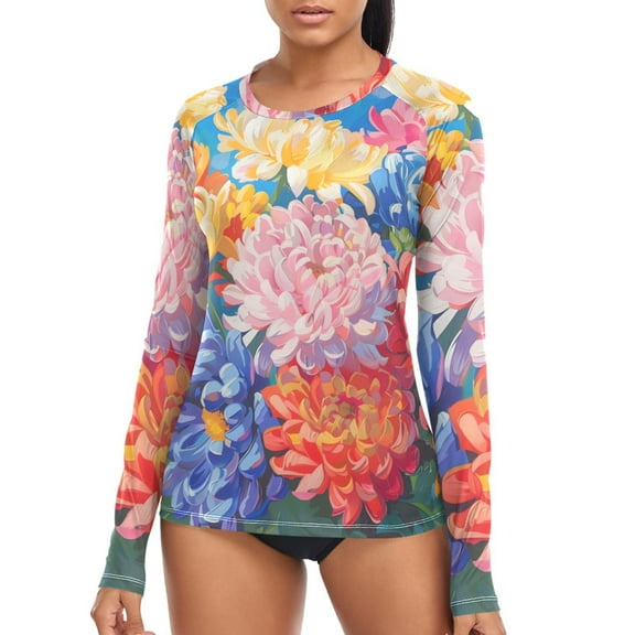 joogoo Womens UPF 50 Sun Shirts Summer Chrysanthemums Paint Long Sleeve UV Protection Rash Guard Tops S