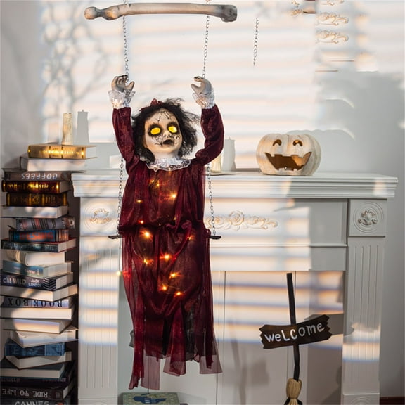 Outdoor Halloween Animatronics Decoration,43.3" Scary Swinging Ghost Girl with Lights and Spooky Sounds for Yard,Patio,Haunted House,Hanging Swinging Ghost with Sound & Sensor Activated