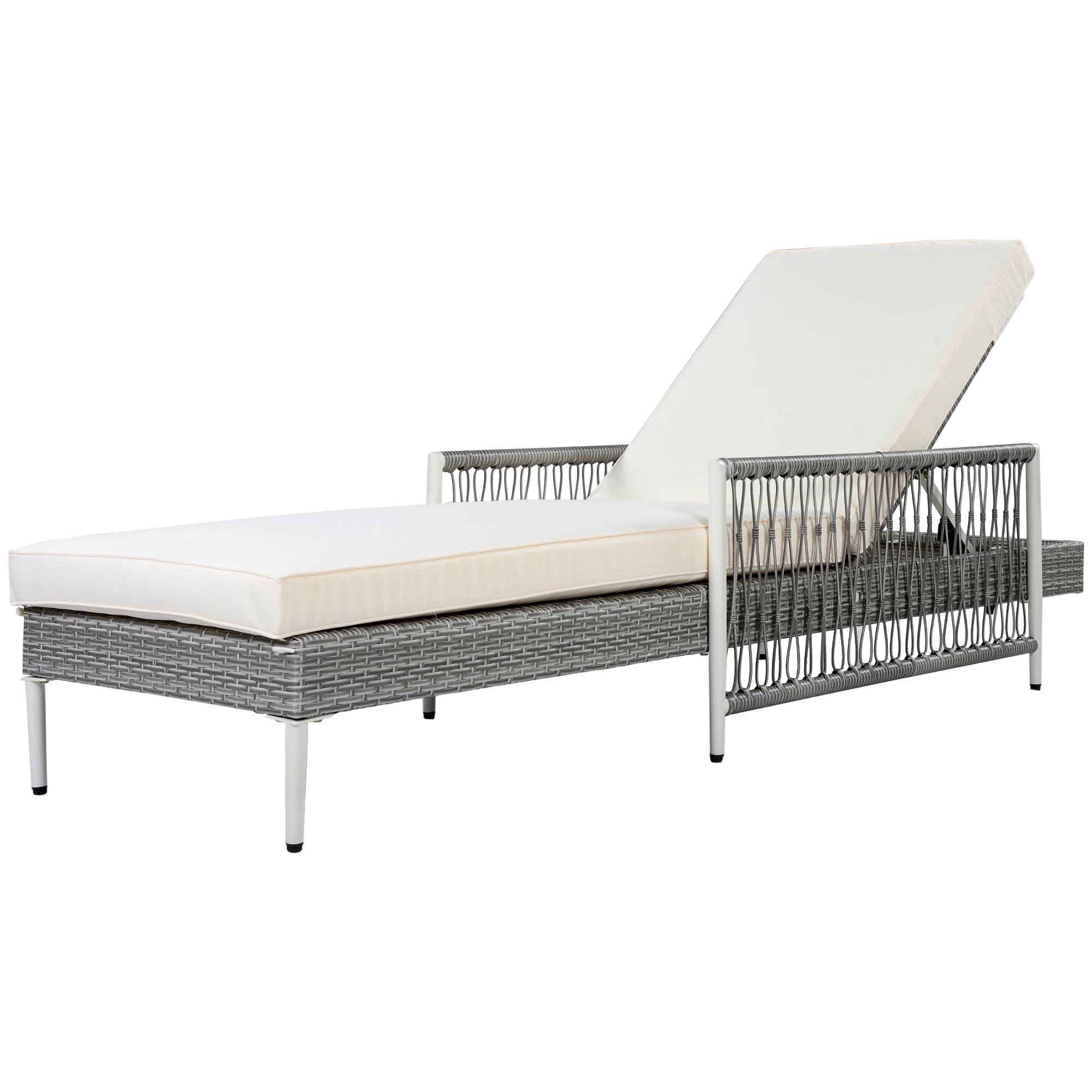Mintazer Outdoor PE Rattan Chaise Lounge Chair with Water-Resistant Cushion, Patio Wicker Lounge Chair with 6 Gear Adjustable Recliner & Arms for Poolside Backyard, Grey & Beige