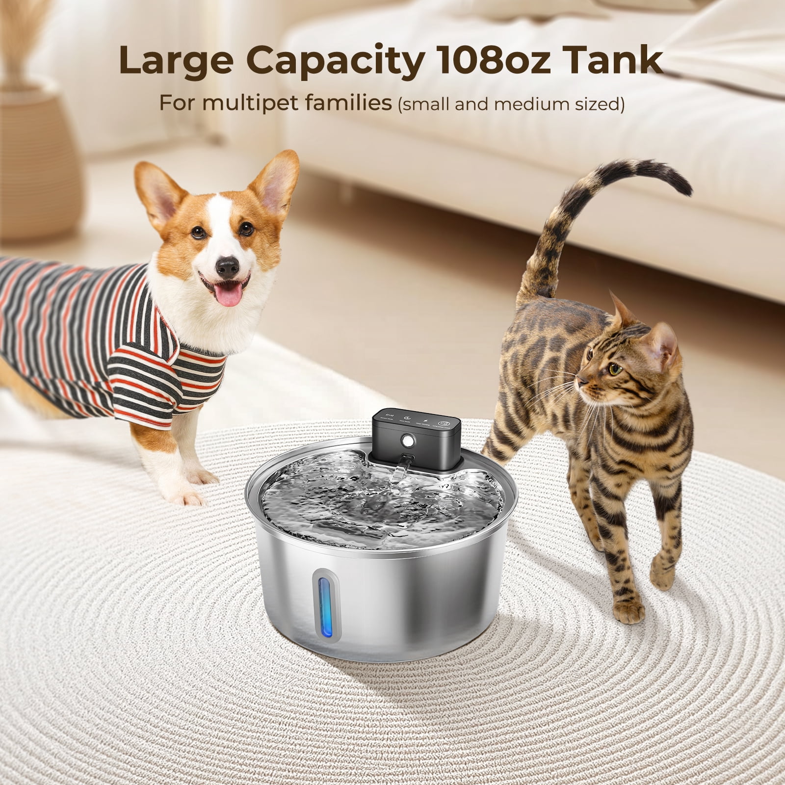 Wireless Stainless Steel Pet Water Fountain, 3.2L/108oz Automatic Cordless Water Dispenser with 3 Smart Modes, Ultra Quiet Pump, Rechargeable Battery, Multi-Filtration for Cats & Dogs