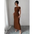 thumbnail image 4 of Coffee Off-The-Shoulder Waist-Cinched Bodycon Maxi Dress For Women, 4 of 6