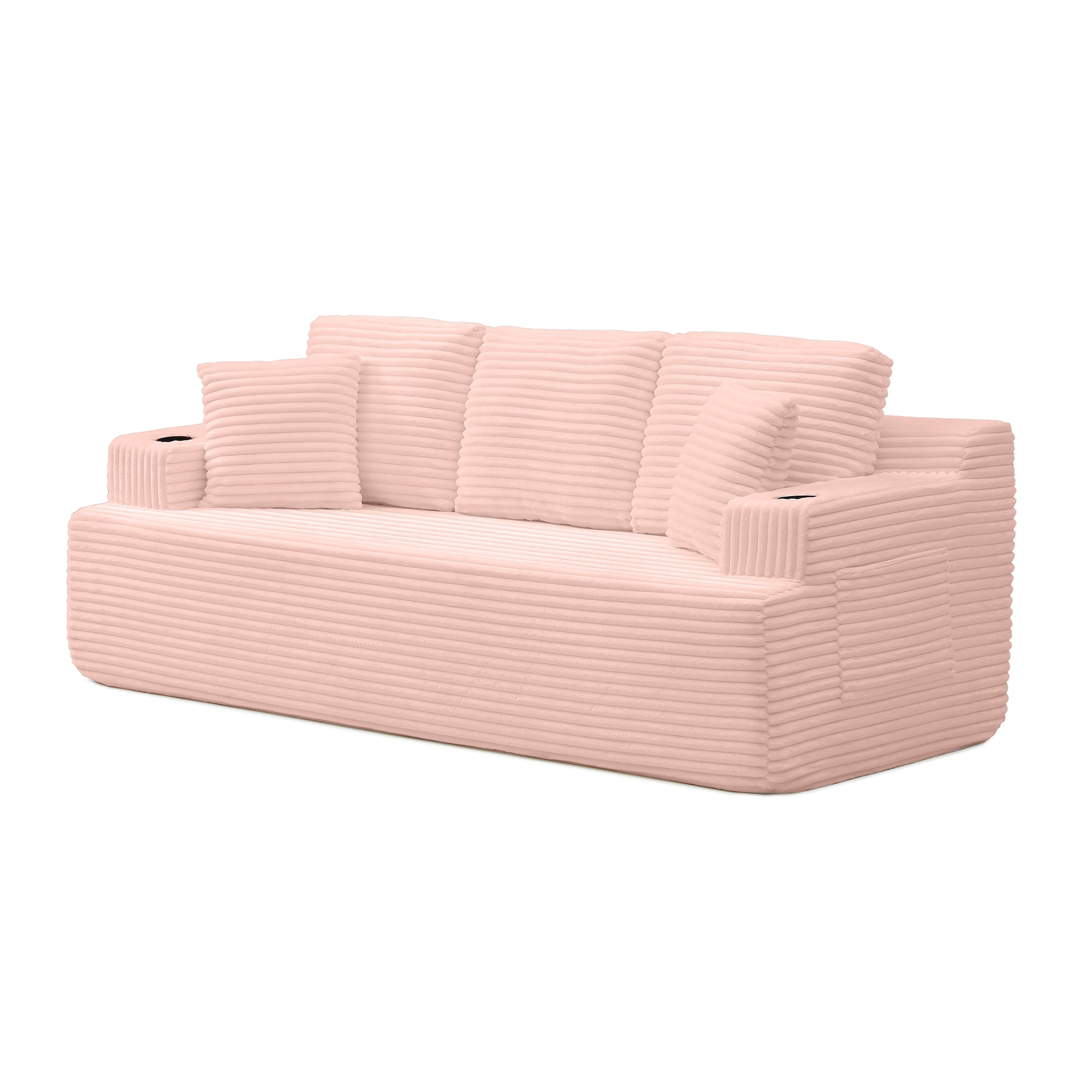 Miniyam 3-Seats Cloud Couch Corduroy Sofa, Boneless Floor Couch No Assembly, with Cup Holders & Side Pockets for Living Room (Pink)