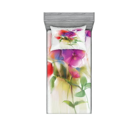 Ambesonne Flower Fitted Sheet & Pillow Sham Set, Blooming Orchid Pastel, Twinxl, Multicolor