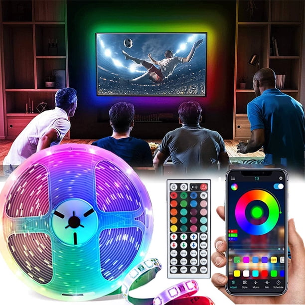 Luces LED para dormitorio, tira de luces LED de 16.4 pies, sincronización de música, luces LED que cambian de color con aplicación y control remoto IR para dormitorio, hogar