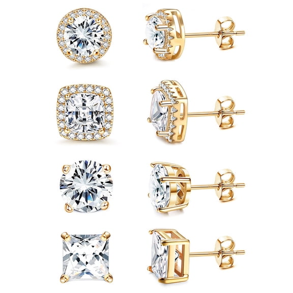 Stud Earrings Set for Women 4 Pairs Round and Square Cut CZ Halo and Solitaire Hypoallergenic Earrings for Sensitive Ears