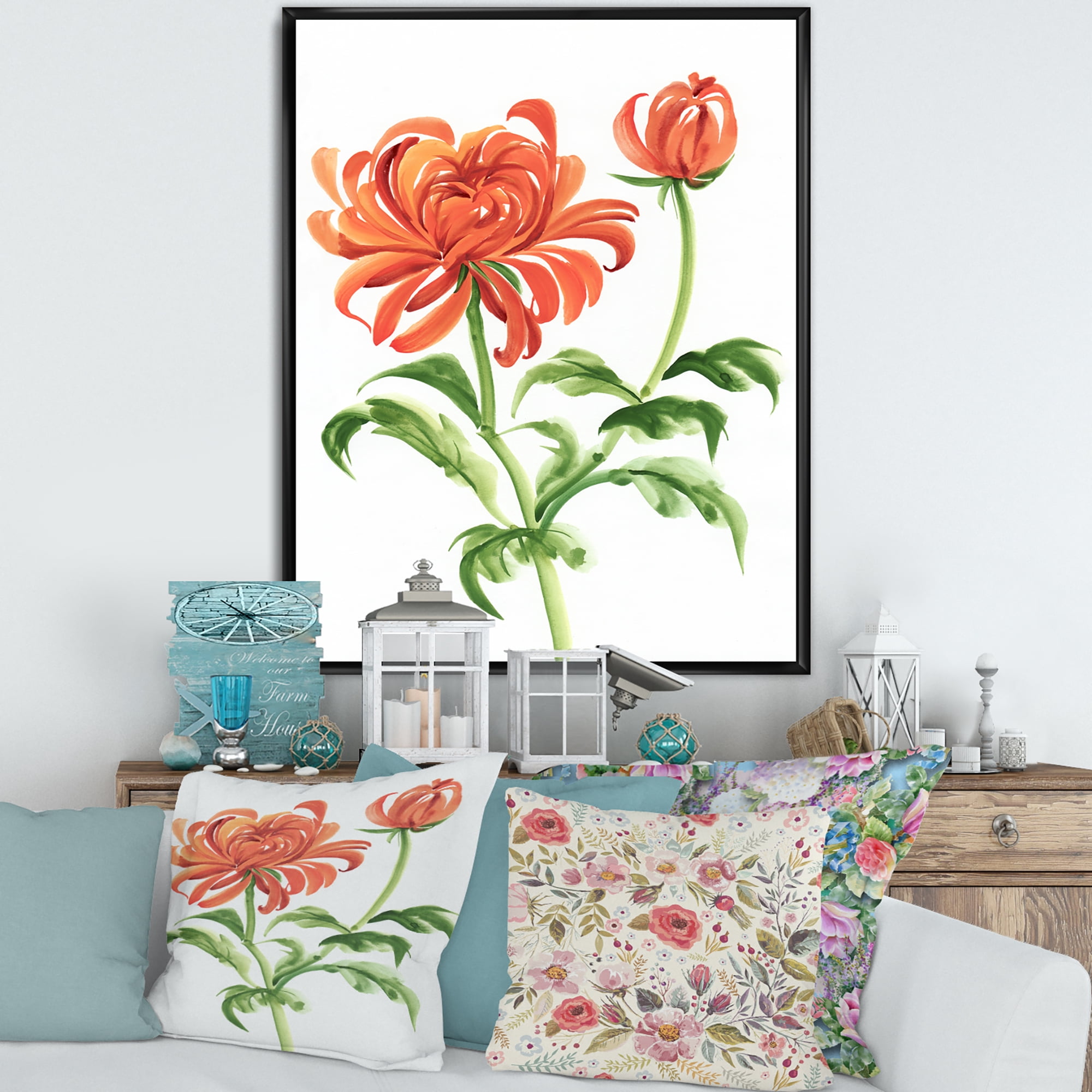 Designart 'Ancient Orange Chrysanthemum Flower' Traditional Framed Canvas Wall Art Print