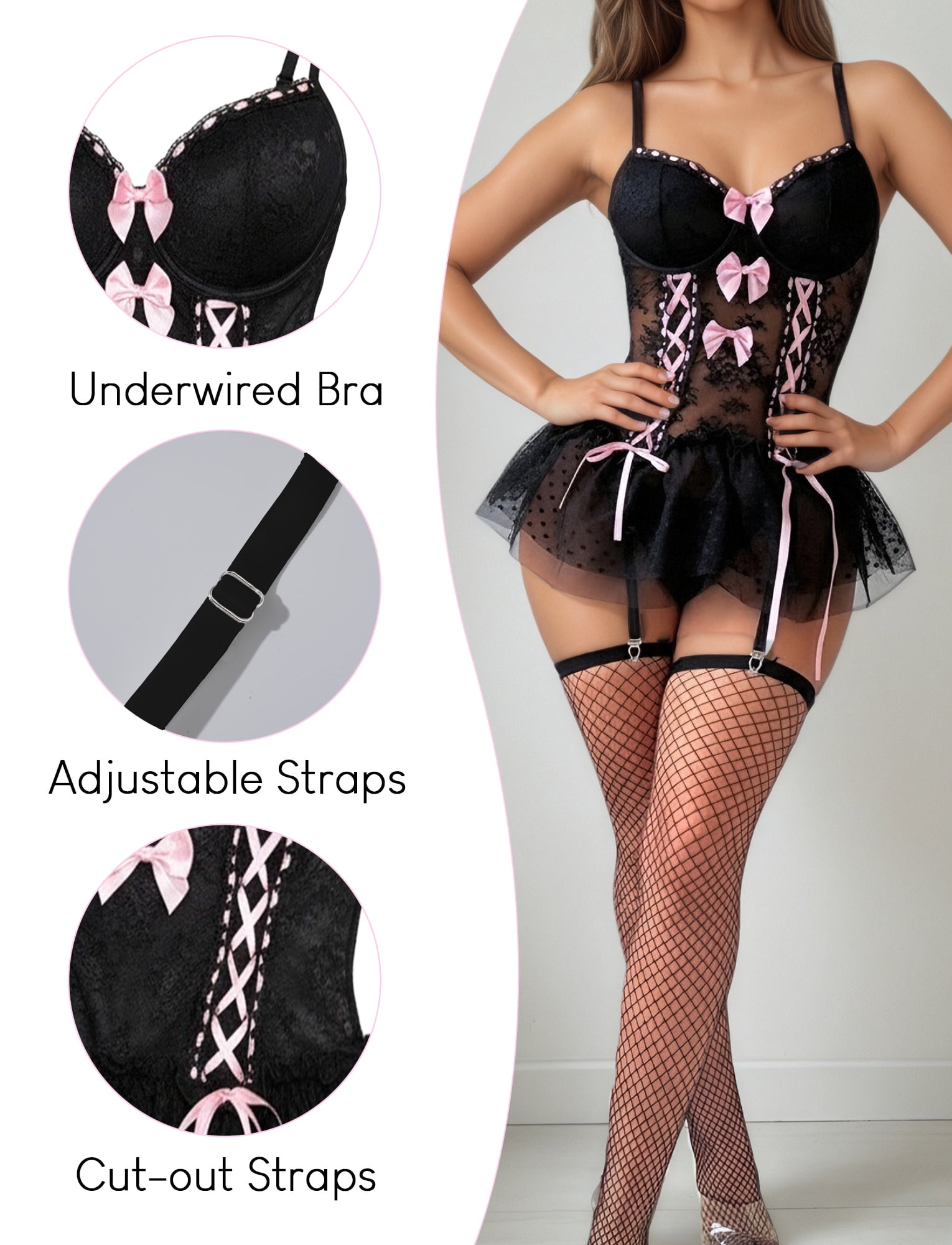 Ausing Lace Lingerie for Women Sets Sexy Bodysuit with Garter Belt Mesh Corset Babydoll Underwear with Stockings Thong 3 Piece M Black