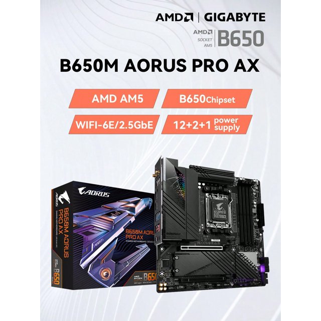 GIGABYTE B650M AORUS PRO AX M-ATX PC Motherboard AMD AM5 Zen 4, DDR5, PCIe 4.0, M.2, WiFi-6E,2.5GbE, USB 3.2 HDMI/DP, USB Type-C, for AMD Ryzen 7000