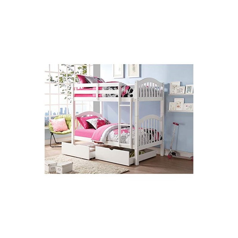 Bowery Hill Twin Over Twin Bunk Bed in White with Ladder and Guard Rail