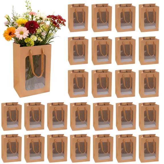 50 Pack Kraft Paper Gift Bags with Handles, Brown Window Gift Bags, Bulk Retail Merchandise Thank You Bags for Parties, Business, Weddings, 7.07 x 5.11 x 9.84 in