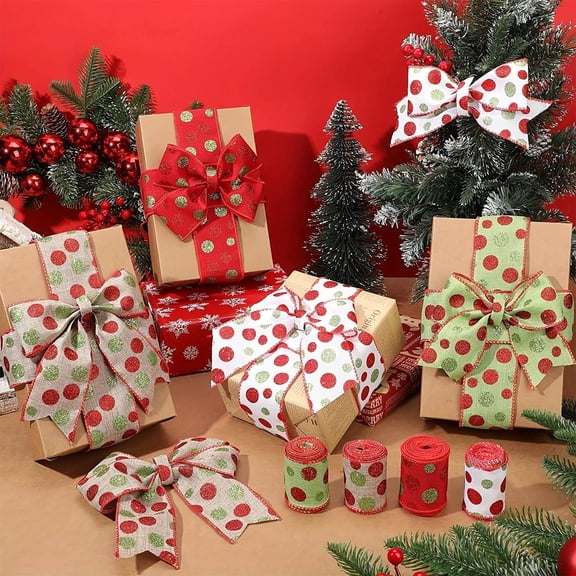 Christmas Wired Ribbon Christmas Glitter Burlap Ribbon Green Red Polka Dot Ribbon Christmas Tree Decoration DIY Craft Bows Wreath (2.55 Inch x 14.9 Ft Per Roll)