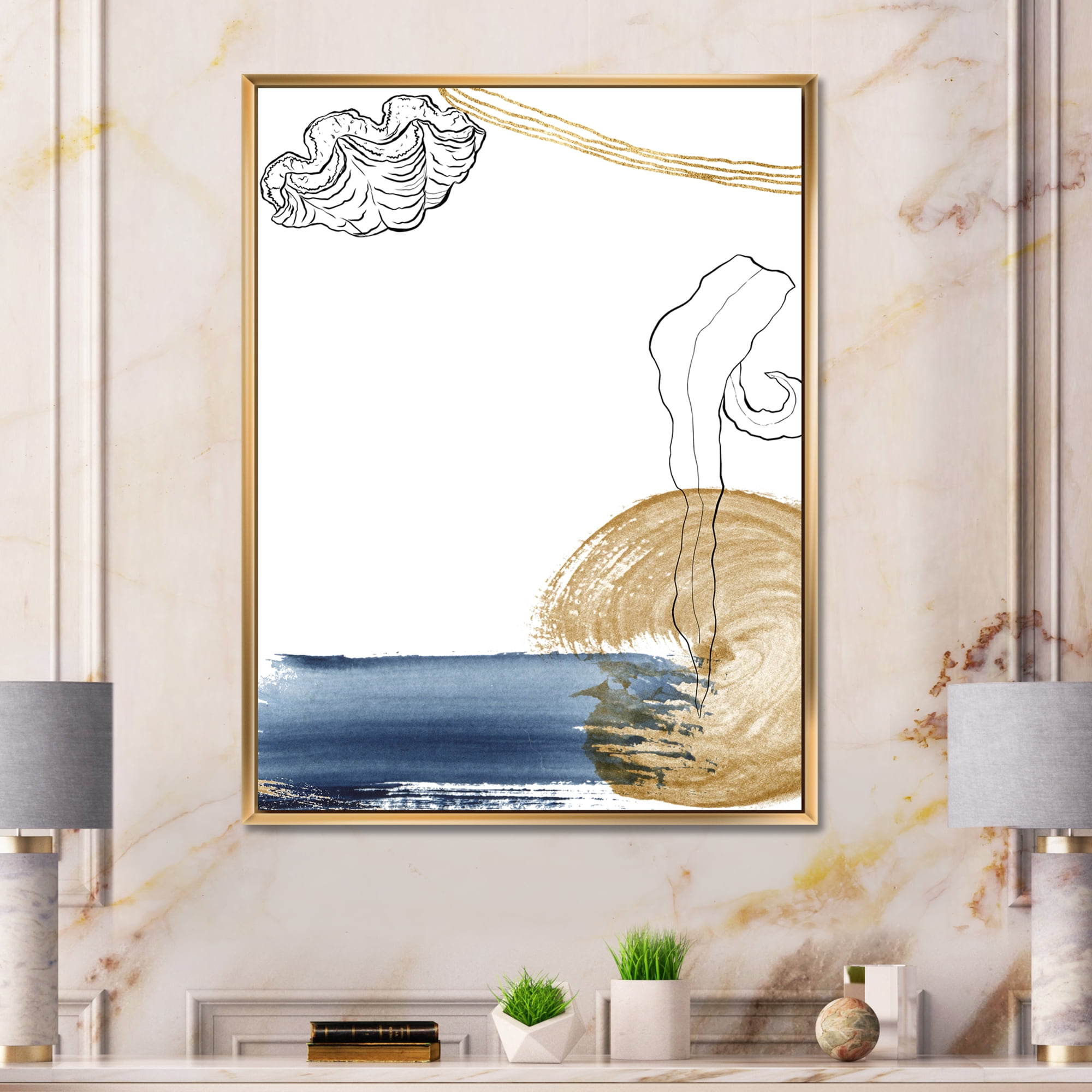 Golden Marine Shell Classic Blue Abstract 16 in x 32 in Framed Painting Canvas Art Print, by Designart