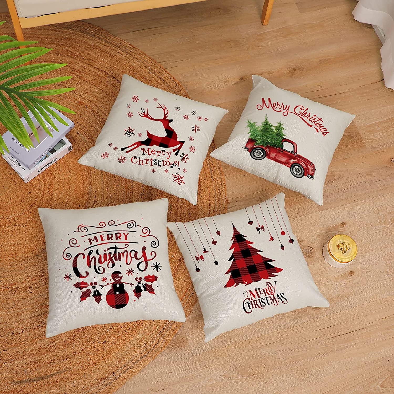 Geecy Set Of 4 Christmas Decorative Throw Pillow Covers Christmas Holiday Xmas Square Cotton Linen Cushion Covers Christmas Trees Red Truck Snowflakes