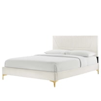 Platform Bed Frame, Tufted, Full, White, Velvet, Mid Century Bedroom, Modern Contemporary Boutique HB35599