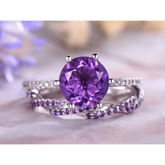 HeartsAndYou 2ct Natural Round Amethyst & Diamond Ring Twist Bridal Set 14k SOLID White Gold