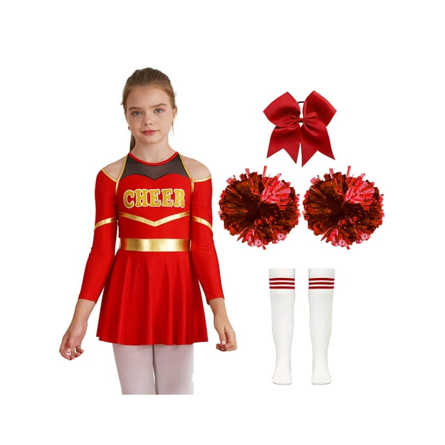 YUUMIN Tenues de Cheerleading pour Filles Enfants Robe de Cheerleading à Manches Longues et Pompons Attache-Cheveux Tenue de Danse de Carnaval Rouge 10