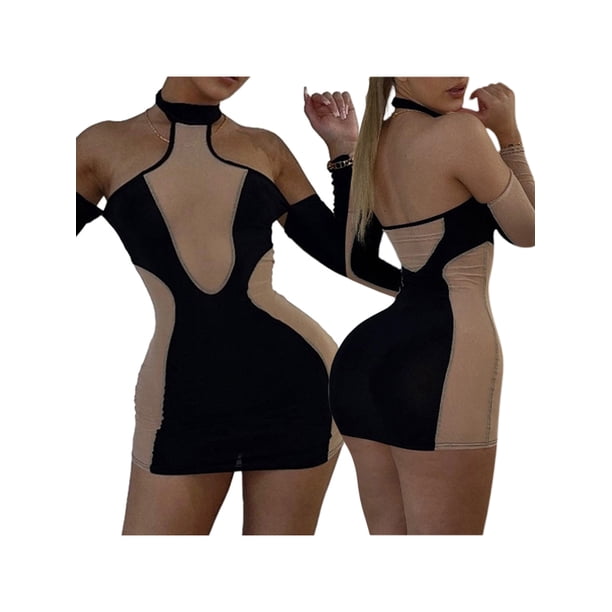Txlixc Mujeres Bodycon Backless Vestido Contraste Color Sheer Cold Shoulder Manga larga Halter Dress Party Wear Txlixc Moda