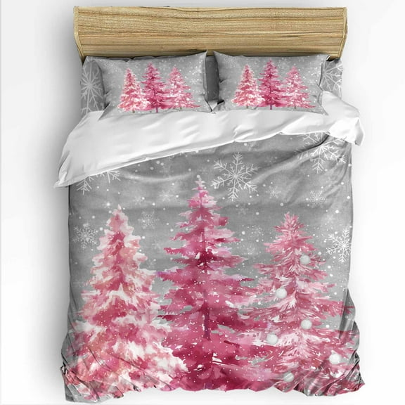 Pink Christmas Tree King Size Comforter Set, Xmas Pine Tree Winter Snowflakes Grey Soft Bedding for All Seasons, 4 Pcs Bed Set with 1Comforter (90"x106") ,1 Sheet(94"x116"), 2 Pillowcases (19"x35")
