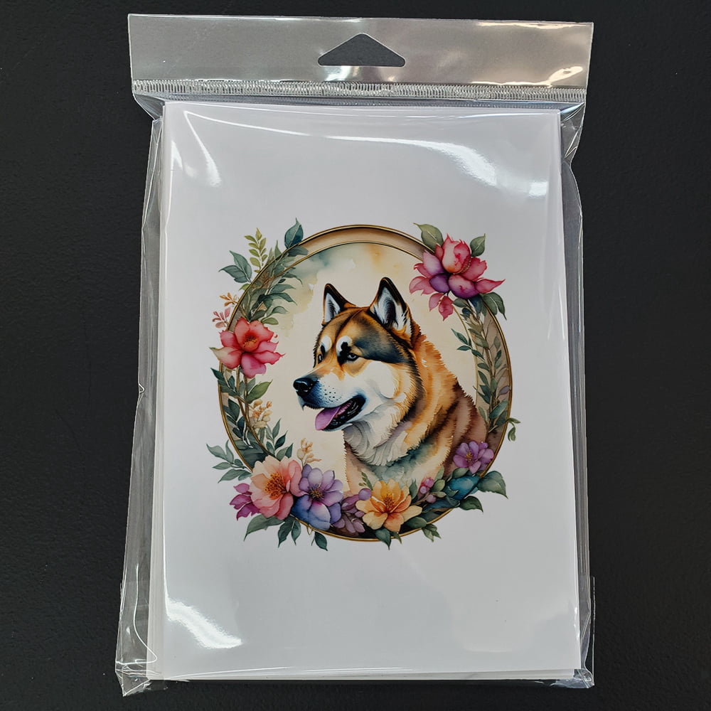 Akita and Flowers Greeting Cards and Envelopes Pack of 8 7 in x 5 in