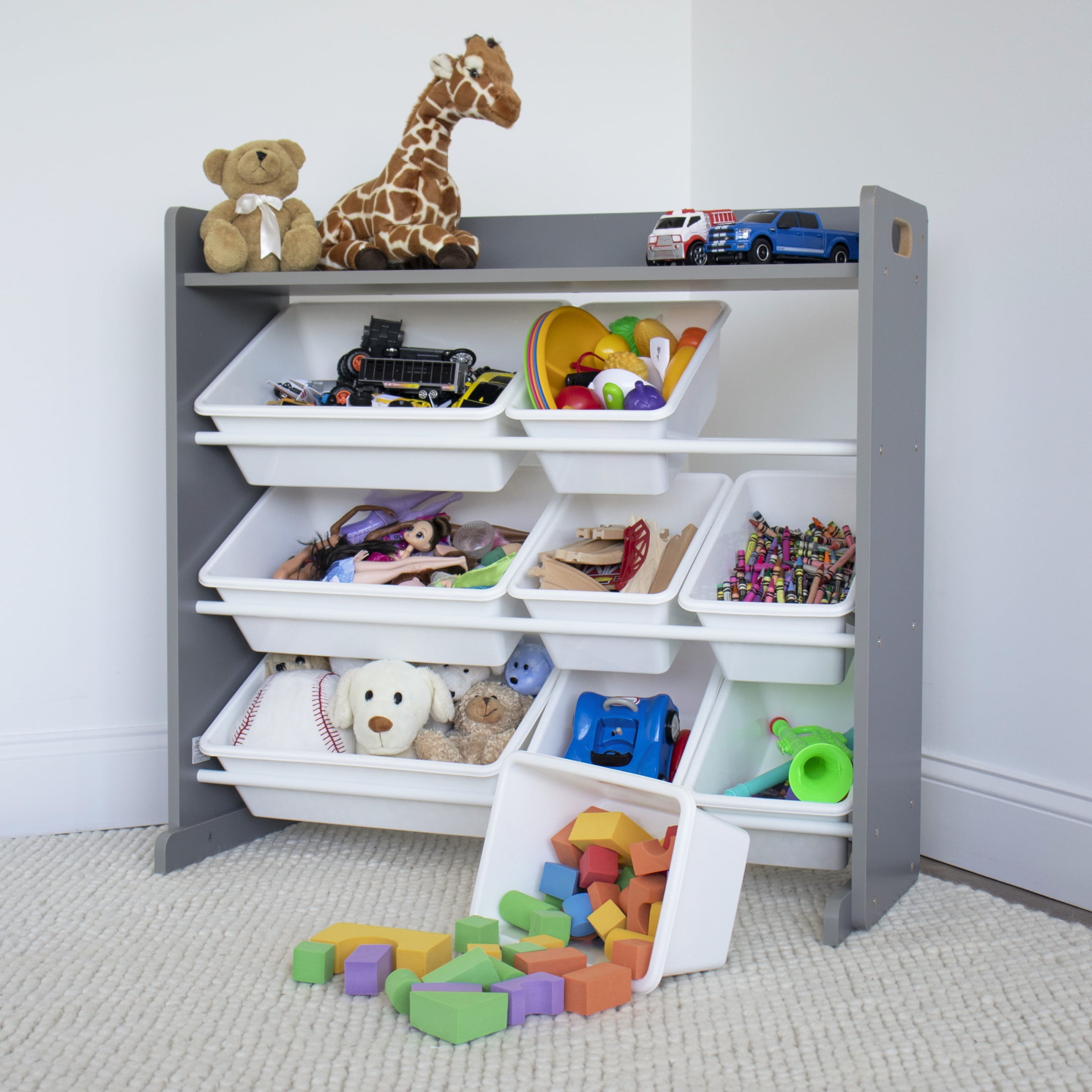 Humble Crew Kids Toy Storage Organizer with Shelf and 9 Plastic Storage Bins, Light Grey/White