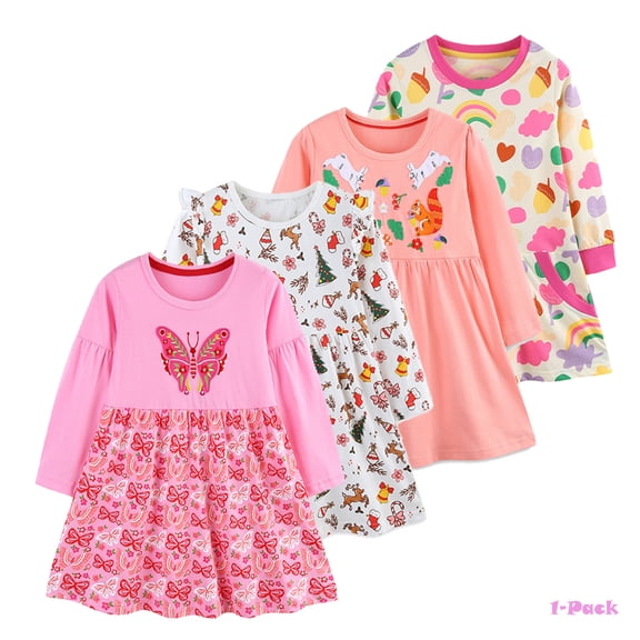 Emy Dola Little Girl's Long Sleeve Applique Dress 100% Cotton Christmas Clothes Toddler Casual Cartoons Swing Dresses 2-7T